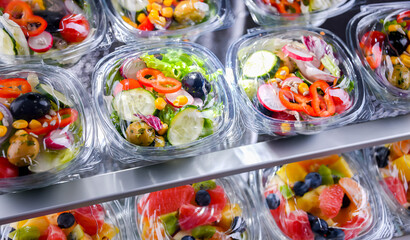 Boxes with pre-packaged vegetable salads in a commercial fridge