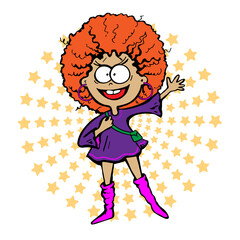Redhead girl as hippie in 80s disco waving her hand in greeting. Vector illustration in doodle style. Crazy girl with big eyes and fashionable boots with shoulder bag
