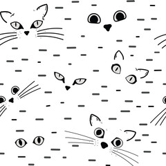 Black and white cat face pattern. Kitty eyes, whiskers and ears with abstract strokes. Fun and adorable seamless vector design. Great design for animal lovers.
