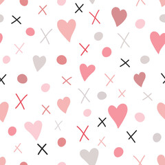 Cute blush pink and grey dots and hearts pattern. Seamless vector design for Valentine's Day, nursery decor, baby clothes. Romantic and fun abstract nubes design.