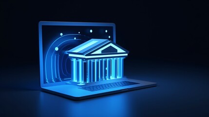 Radiant blue digital bank icon set against a soothing blue backdrop. A symbol of online banking and seamless transactions in a 3D design.