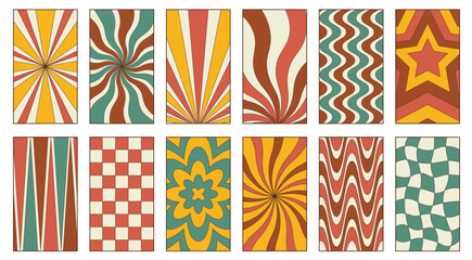 Instagram stories template. Social media set design. Stripes wavy vintage retro aesthetic groovy backgrounds pack 70s,  style.