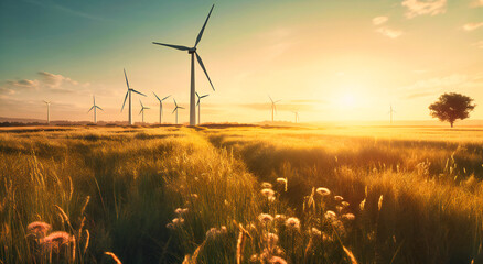 Windmills in the middle of a field at sunset - obrazy, fototapety, plakaty