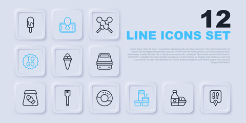 Fototapeta na wymiar Set line Online ordering food, Cafe and restaurant location, Ice cream waffle, Coffee cup to go, Fork, Food mobile and Donut icon. Vector