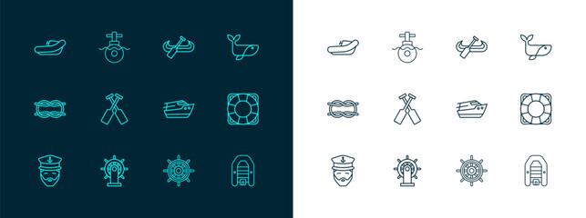 Set line Whale, Ship steering wheel, Speedboat, Crossed oars or paddles, Kayak and, Inflatable with motor and Submarine icon. Vector - obrazy, fototapety, plakaty