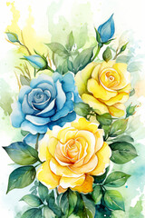 Gelbe und blaue Rosen auf weißen Hintergrund Wasserfarben Stil 