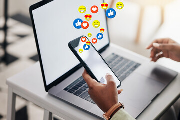 Phone, social media emojis or hands typing on laptop for communication, chat texting or online dating. Closeup, mockup space or person on mobile app screen to scroll on website or digital network