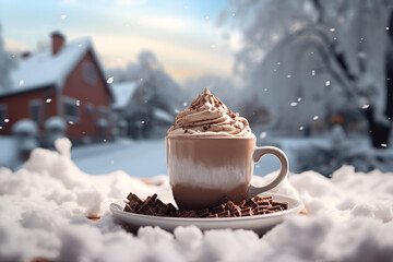 Hot cocoa cup with winter landscape on the background. Generative Ai	