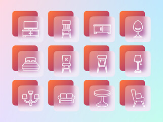 Set line Armchair, Sofa, Chair, Round table, TV stand, and icon. Vector
