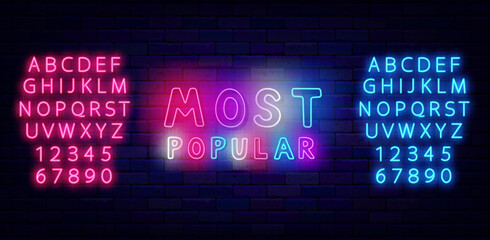 Most popular neon template. Shiny pink and blue alphabet. Colorful handwritten text. Vector stock illustration © Anastasia Gapeeva