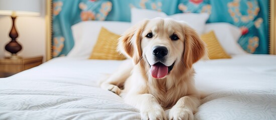 Colorful golden retriever puppy in an elegant bedroom with a king size bed table and pet friendly accommodations - obrazy, fototapety, plakaty