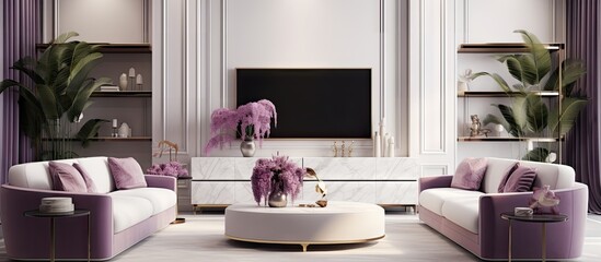 Art Deco style living room with purple furniture and TV storage including coffee table and console shown in a