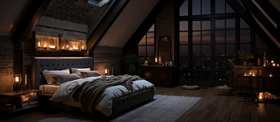 Bedroom in the loft with a bed wardrobe lamp candles and luxurious dark wood trim