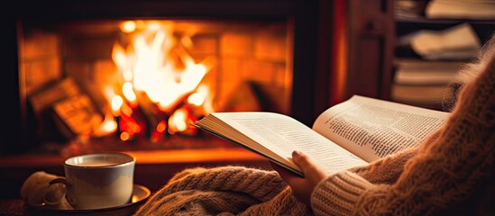 Cozy winter concept Woman reads book near fireplace in cozy chair