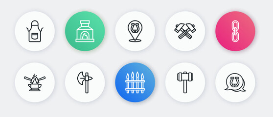 Set line Classic iron fence, Chain link, Anvil and hammer, Sledgehammer, Crossed, Horseshoe, and Medieval axe icon. Vector