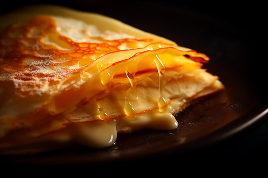  Piled Up French Crepes on a Plate, Close-Up