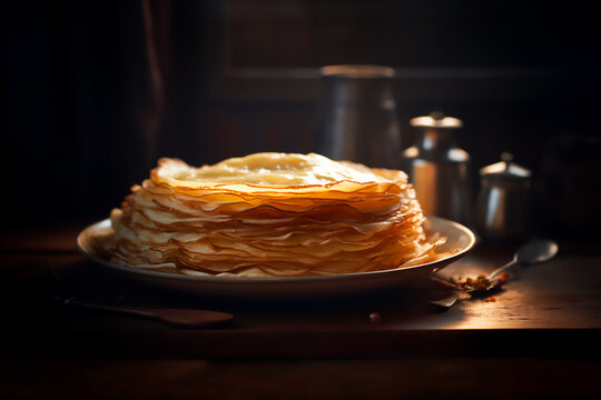  Piled Up French Crepes on a Plate, Close-Up