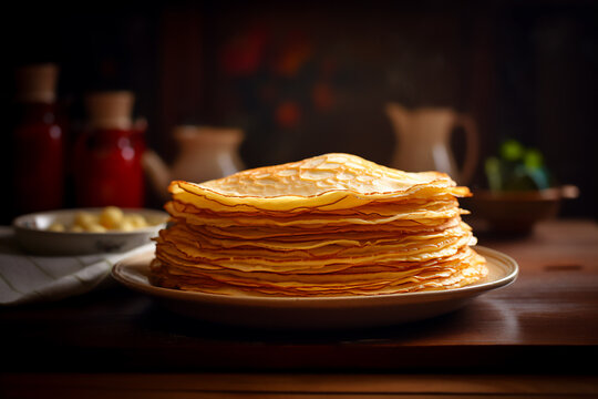  Piled Up French Crepes on a Plate, Close-Up