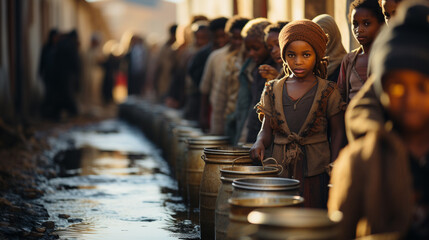 Children waiting for water. Water problem - obrazy, fototapety, plakaty