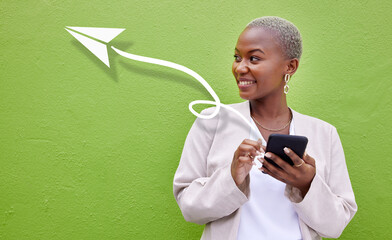 Social media icon, phone and woman online for communication, email and networking in studio on...