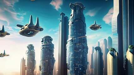 The future city has many skyscrapers and cars flying in the sky