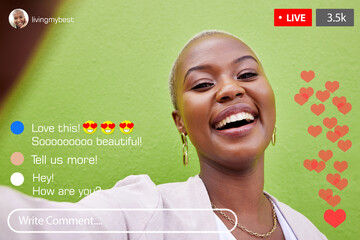 Influencer woman, live streaming and phone screen for smile, ui or portrait for reaction, comment section or app. Girl, social media and content creation for like, subscription or web chat with video - obrazy, fototapety, plakaty