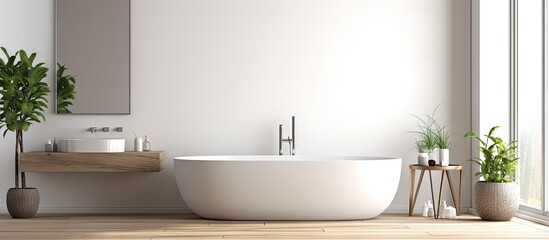 Fototapeta na wymiar a modern loft bathroom with a bathtub double sink wooden floor and white walls