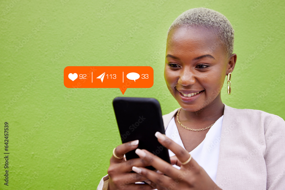 Poster woman, phone and texting with notification icon, typing or reading with web chat, blog and green bac
