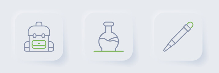 Set line Pencil with eraser, Test tube and School backpack icon. Vector