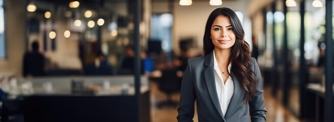A beautiful smiling hispanic businesswoman in suit standing in front of office. Created with Generative Ai technology - obrazy, fototapety, plakaty