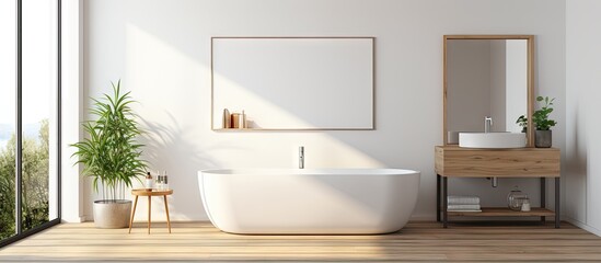 Fototapeta premium a modern loft bathroom with a bathtub double sink wooden floor and white walls