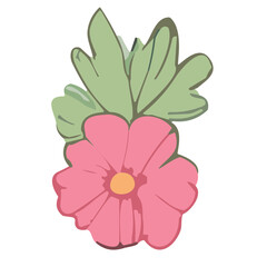 Floral Vector Illustration with Pink Flower and Leaves on White Background