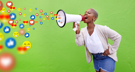 Megaphone, emoji communication and social media with a black woman in studio on a green background. Speech, announcement and a young person shouting into a loud speaker to like, comment or share - obrazy, fototapety, plakaty