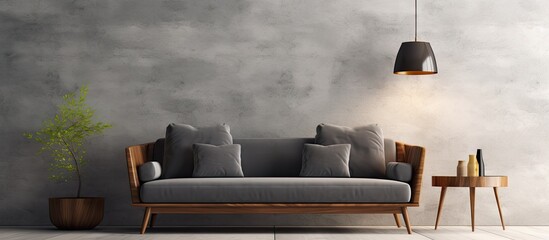 Dark living room with a gray sofa in ing