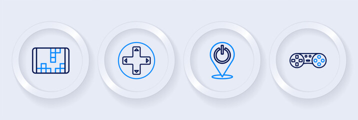 Set line Game controller or joystick, Power button, and Portable video game console icon. Vector