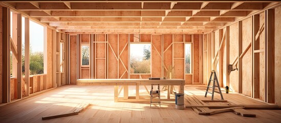 Building in progress with wooden framework inside room