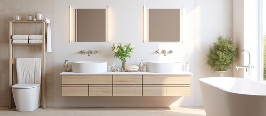 Fototapeta na wymiar Cabinet with white sinks by mirror near ceramic tub in light bathroom with window at home