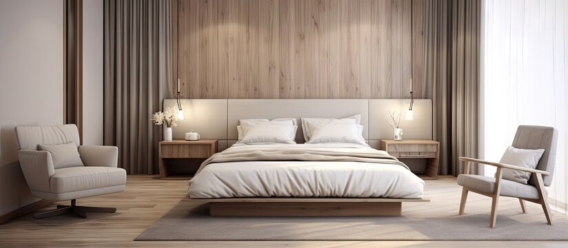 Cozy modern white bedroom with a clear light and elegant wooden chair in a new hotel apartment