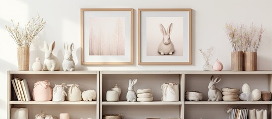 Easter themed elements in a home interior featuring white shelves with books a photo frame rabbits and eggs