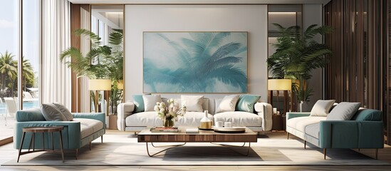 Fototapeta premium A lavish and trendy apartment in Miami is depicted in a detailed illustration