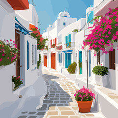 White-washed Mediterranean village street with traditional houses, vibrant flowers, and charming architecture in Oia, Santorini, Greece