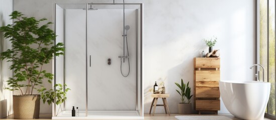 Contemporary bathroom with sleek shower enclosure - obrazy, fototapety, plakaty