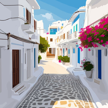 White-washed Mediterranean village street with traditional houses, vibrant flowers, and charming architecture in Oia, Santorini, Greece