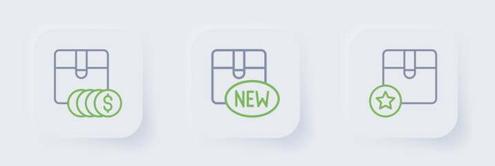 Set line Carton cardboard box, New collection and Item price tag with dollar icon. Vector