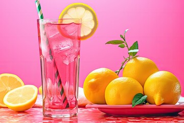 Glass of fresh pink lemonade soda with ice cubes and lemon slices on pink background. Generative AI - obrazy, fototapety, plakaty