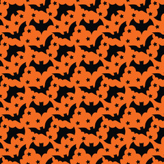 Seamless pattern with bats and stars on orange background, vector illustration