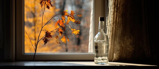 Autumn depression seen through window empty vodka bottle and glass with contrasting bright window...