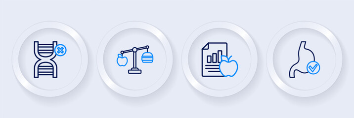 Set line Human stomach health, Diet plan, Calorie calculator and No GMO icon. Vector