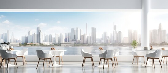A a white cafe interior with tables seats coffee cups and city view windows