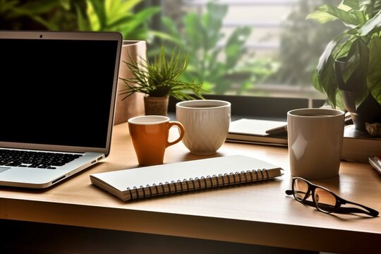 Laptop computer and coffee cup on wooden table in home, stock photo